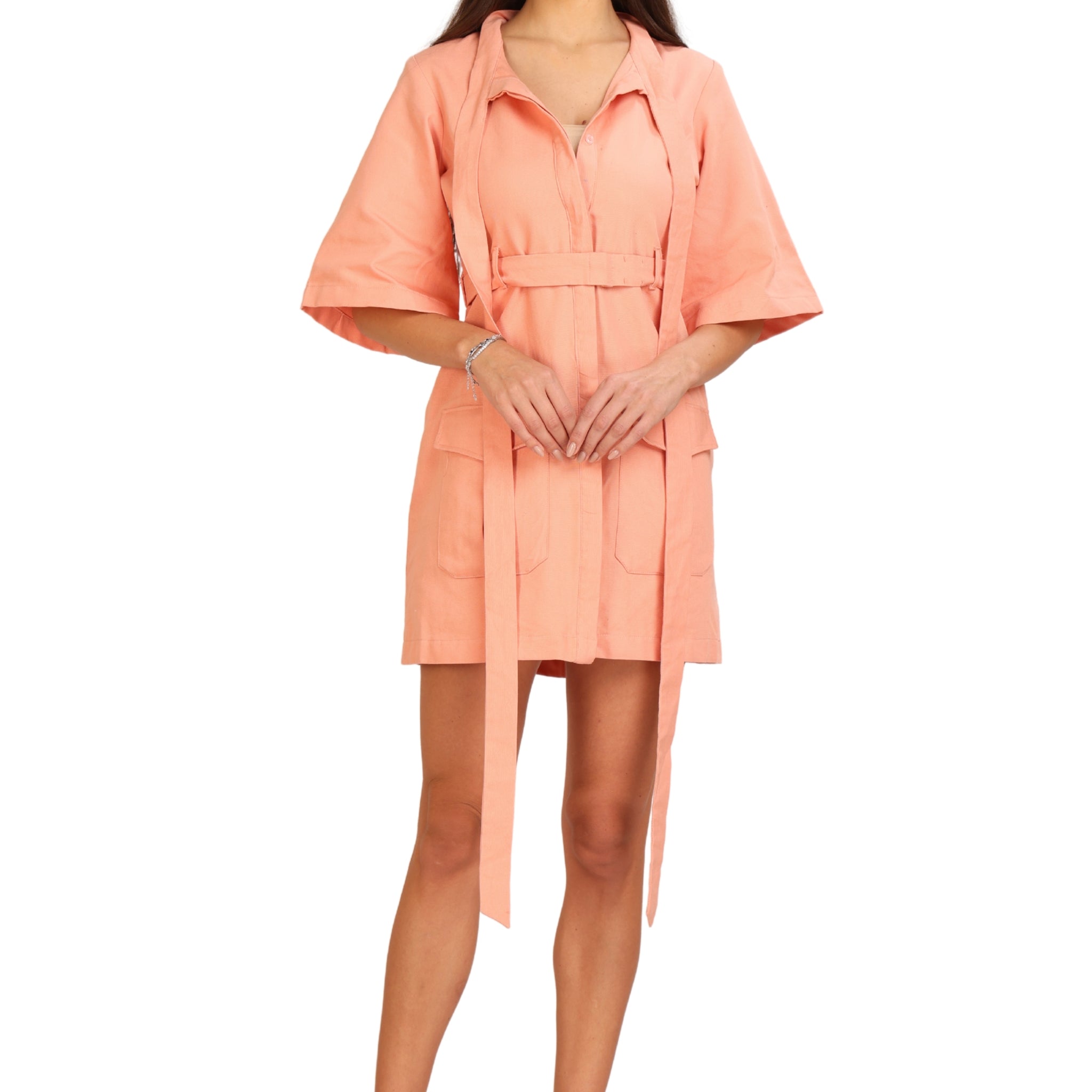Peach Canvas Cotton Belted Shirt Dress