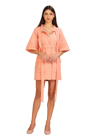 Peach Canvas Cotton Belted Shirt Dress