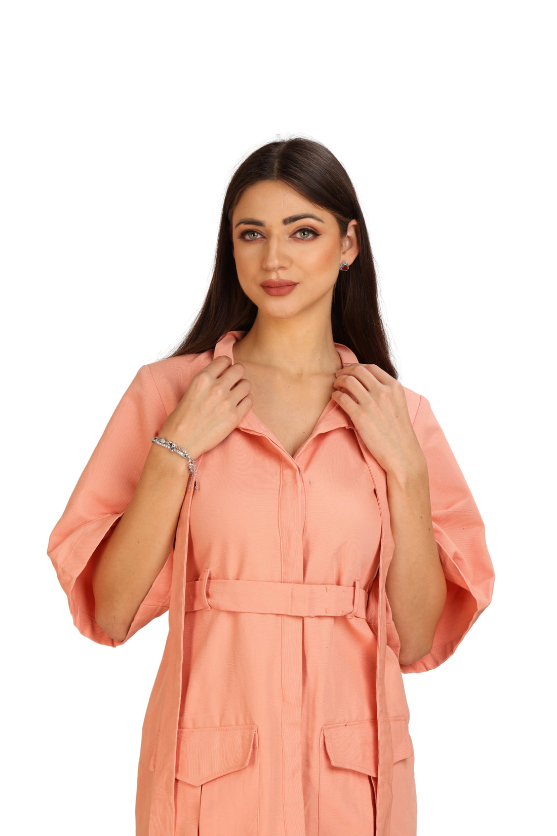 Peach Canvas Cotton Belted Shirt Dress