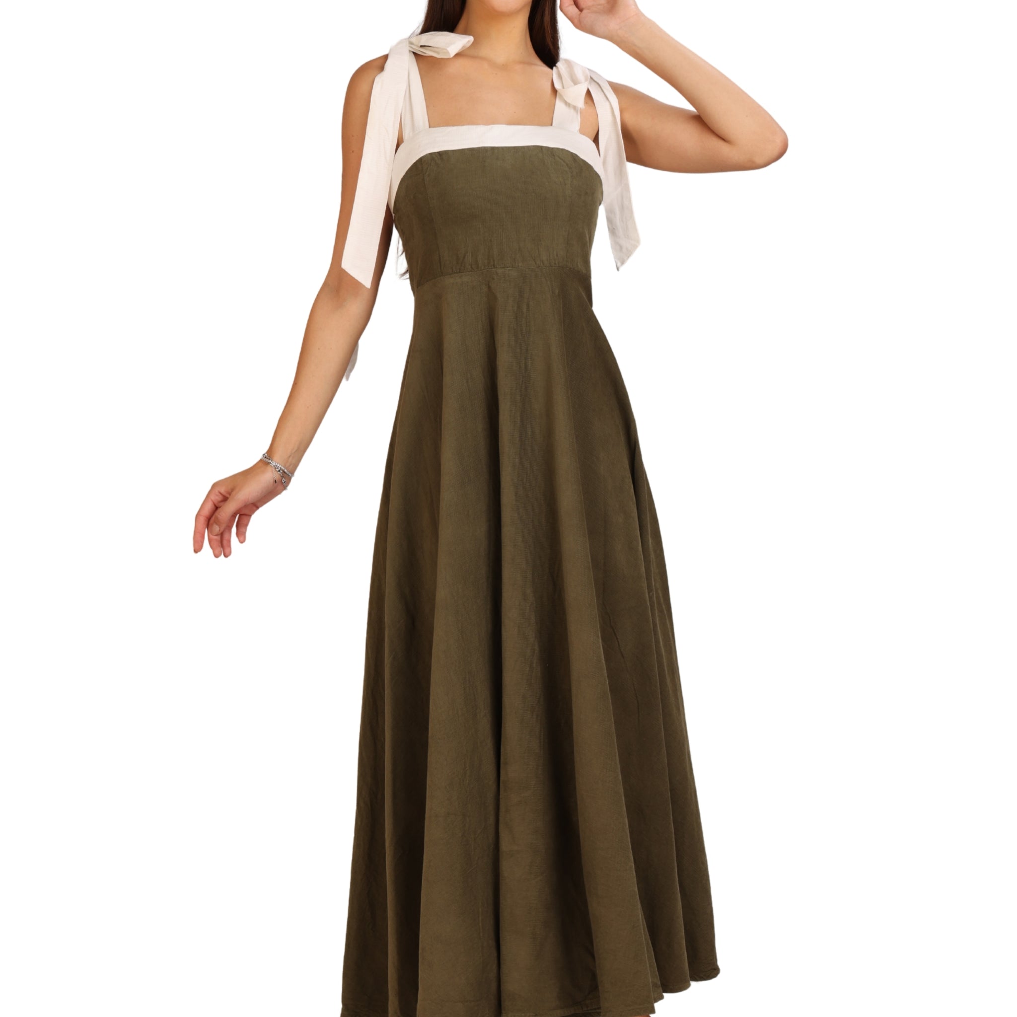 Green Corduroy Tie-Strap Maxi Dress