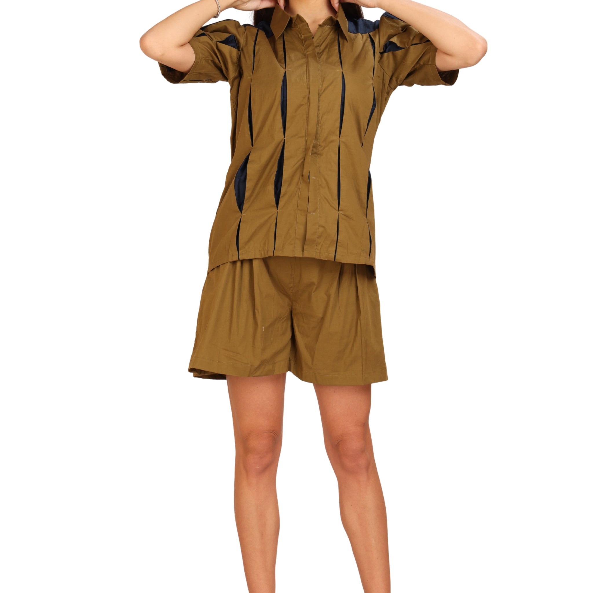 Olive & Blue Cotton Flex Co-ord Set (Shirt & Shorts)