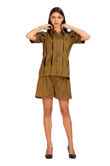 Olive & Blue Cotton Flex Co-ord Set (Shirt & Shorts)