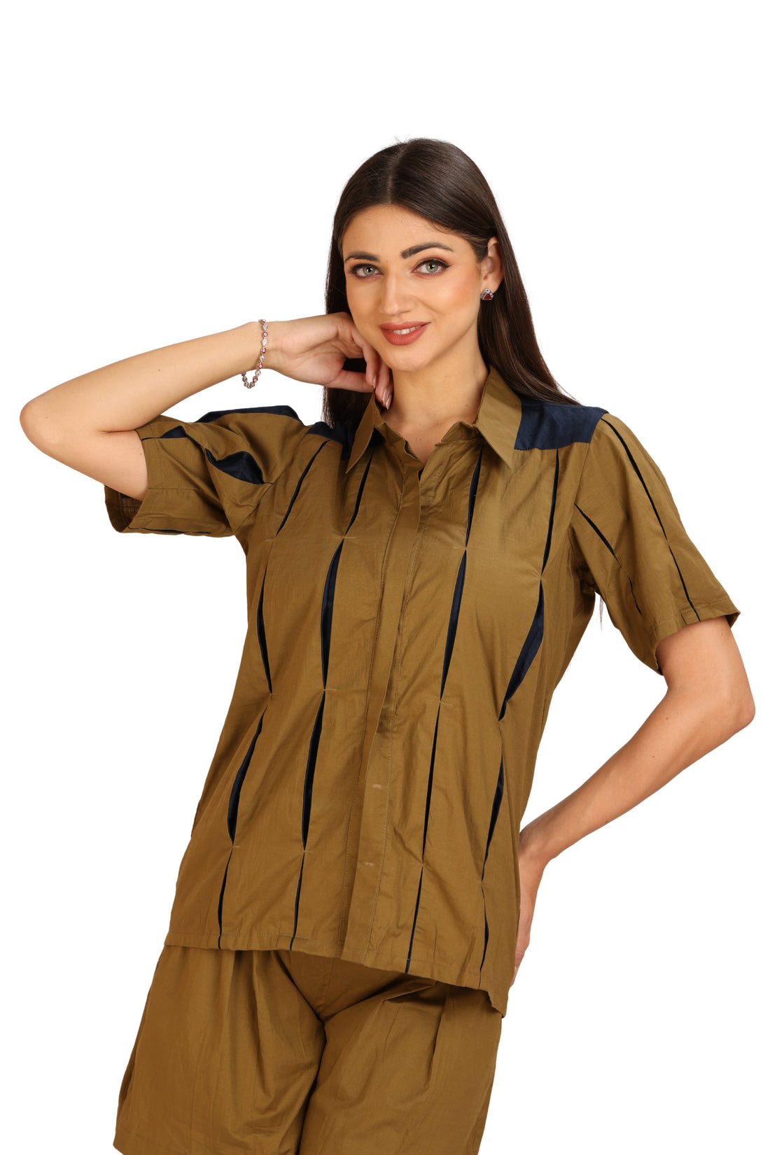 Olive & Blue Cotton Flex Co-ord Set (Shirt & Shorts)