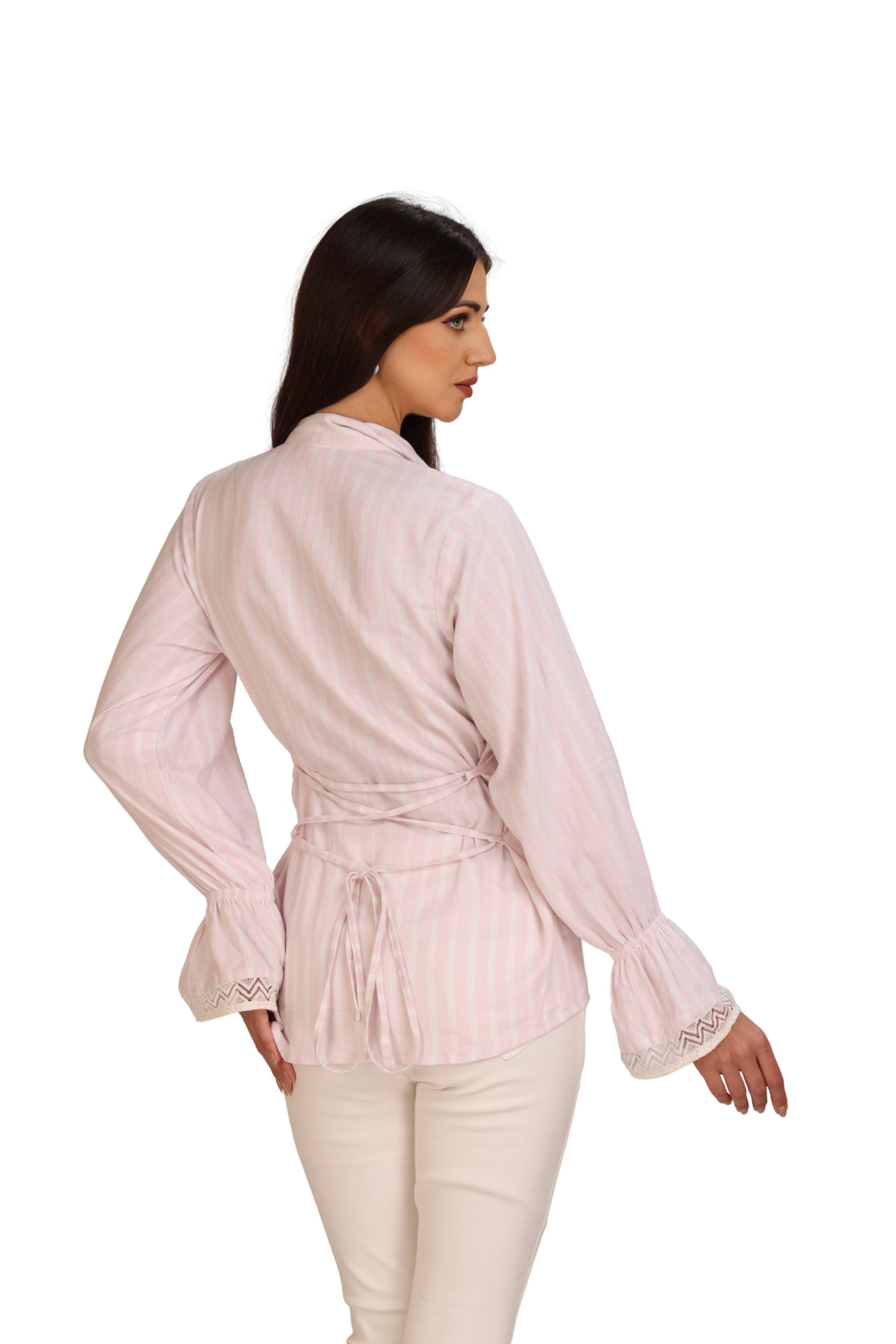 Pink & White Striped Flounce-Sleeve Shirt