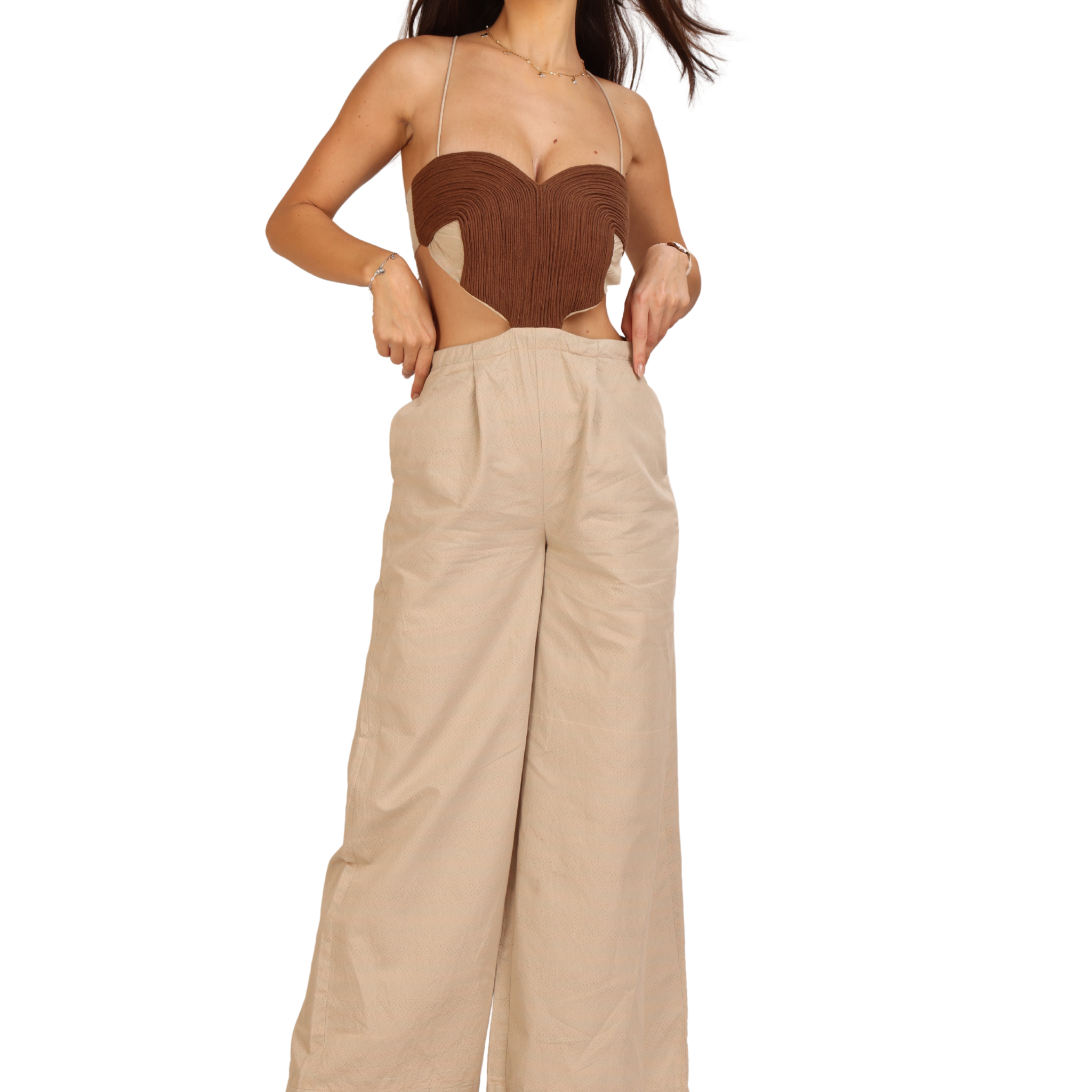 Brown & Cream Cut-Out Jumpsuit