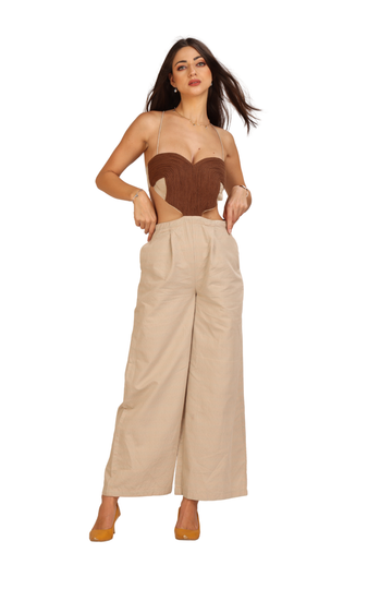 Brown & Cream Cut-Out Jumpsuit