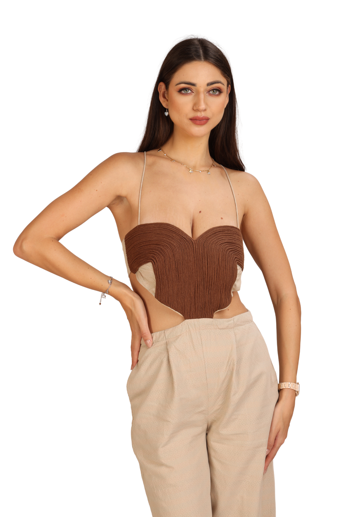 Brown & Cream Cut-Out Jumpsuit