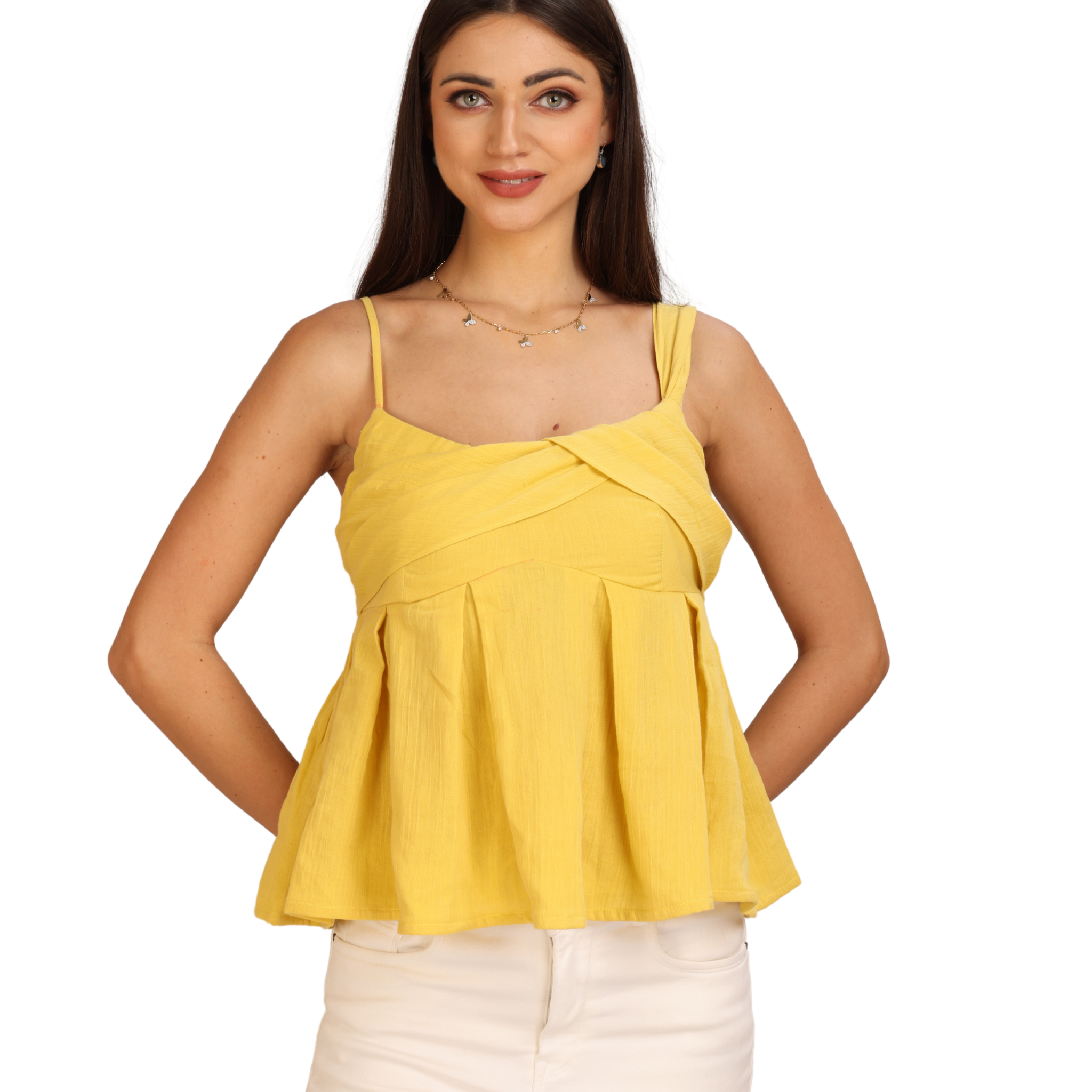Butter Yellow Criss-Front Peplum Top